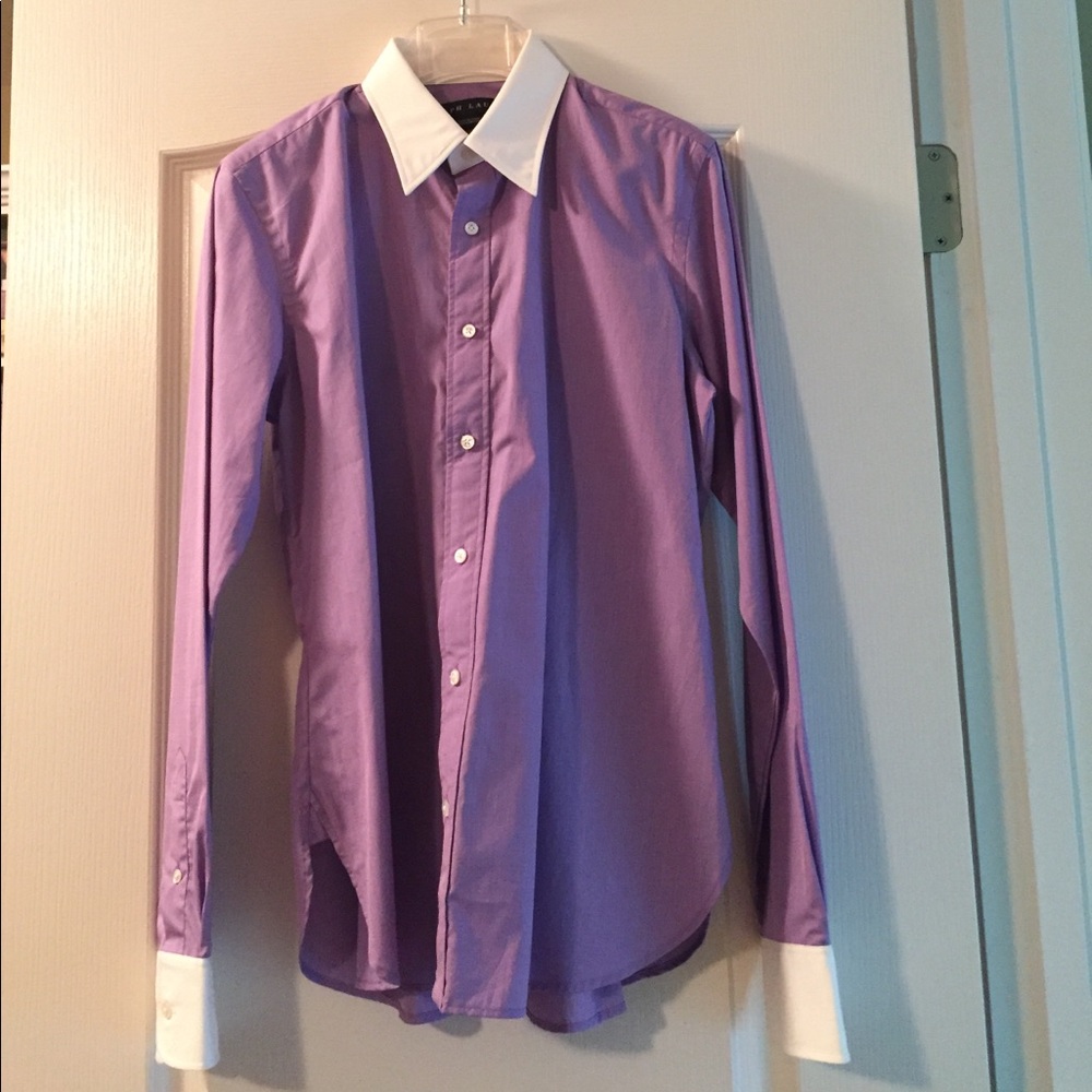 Ralph Lauren Black Label Button Down Blouse Purple White Cuffs NWOT